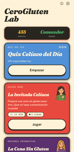 Pantalla de la app CeroGluten Lab: puntos, rango y los retos del día